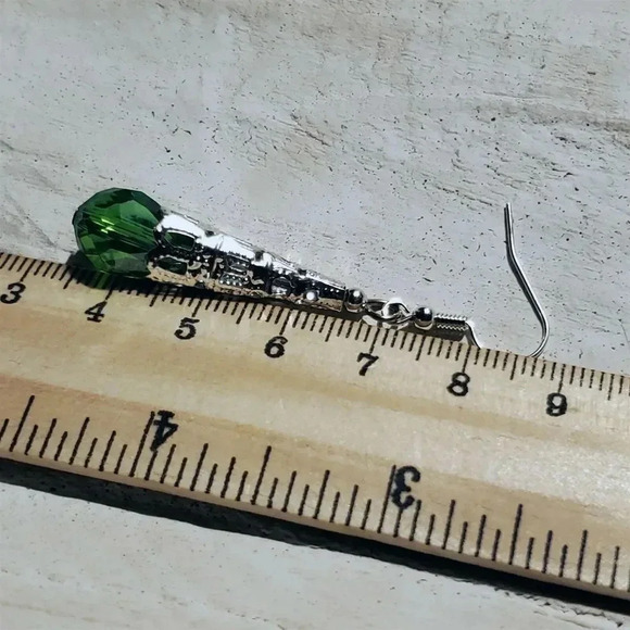 Caged Filigree Faceted Green Crystal Silver Teardrop Earrings Handcrafted - Picture 8 of 8